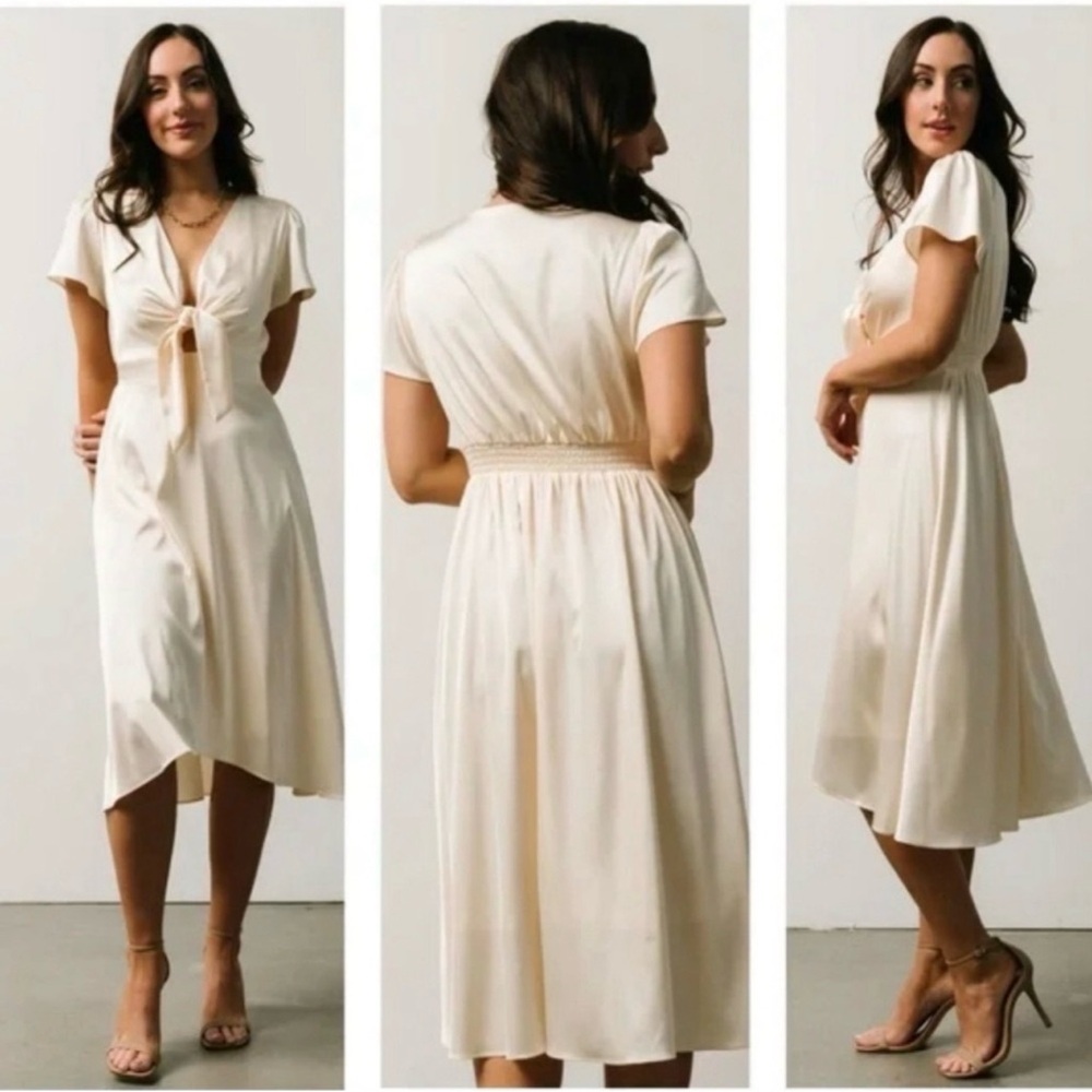 Baltic Born Dress Poppy Satin Midi Front Tie Short Sleeve Large